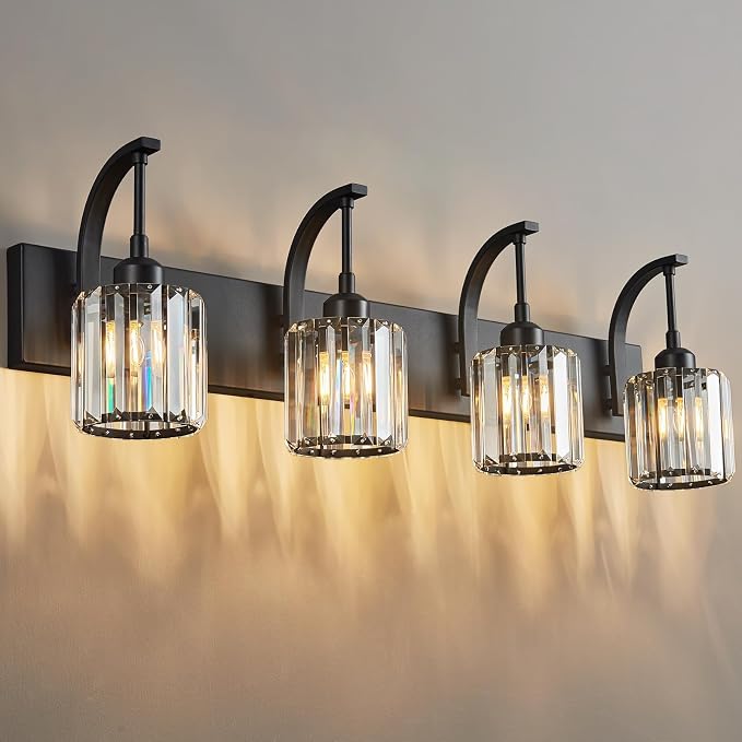 4-Light Crystal Vanity Light, Modern Black Bathroom Wall Sconce by FDPBY