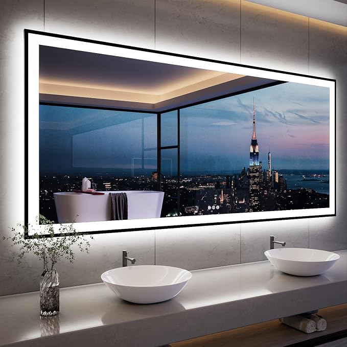 ISKM Framed LED Mirror for Bathroom 84"x40", Dimmable LED Bathroom Mirror by ISKM-IStillKeepMovin
