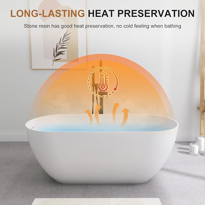 SJ STAR&JANE 51" Solid Surface Freestanding Bathtub, Matte White Oval Soaking - Image 4