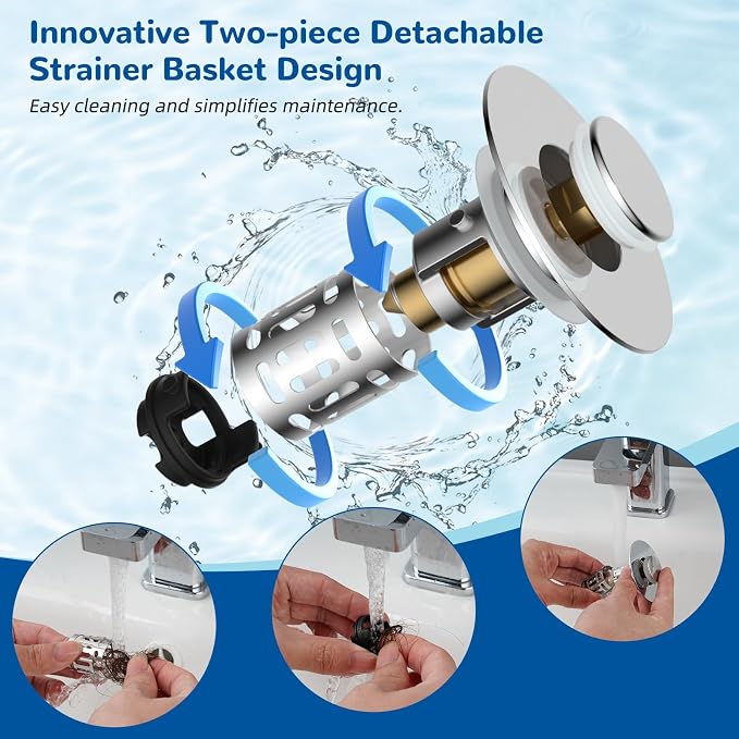 Hibbent 2 Pack 3 in 1 Bathroom Sink Drain Strainer, Universal Pop Up Stopper - Image 4