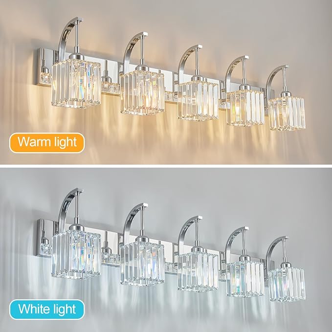 Crystal Vanity Lights 5-Light Chrome Bathroom Vanity Lights Modern Crystal - Image 3