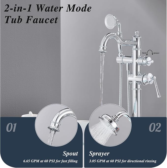 Free Standing Tub Faucet, Qinkell Classic Roman Freestanding Tub Faucets - Image 5
