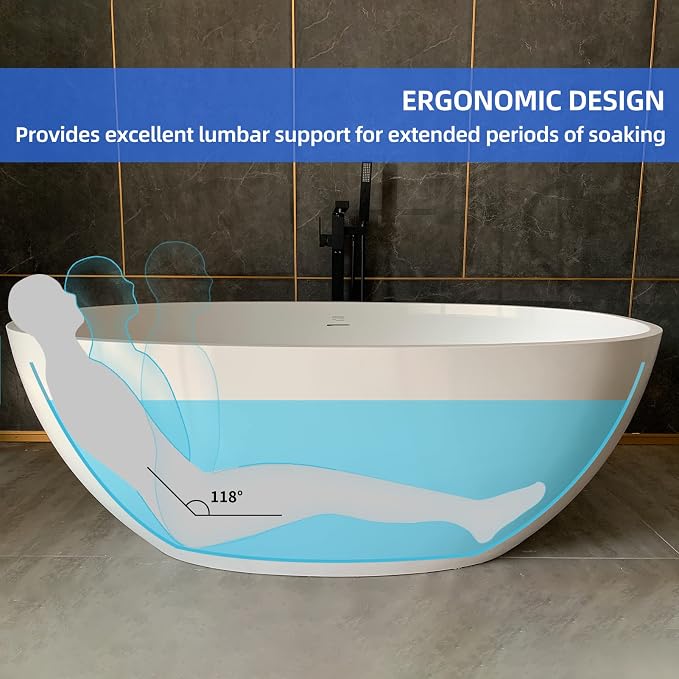 Cpingao 59" Freestanding Bathtub, Oval Shaped Stone Resin Freestanding Tubs - Image 5