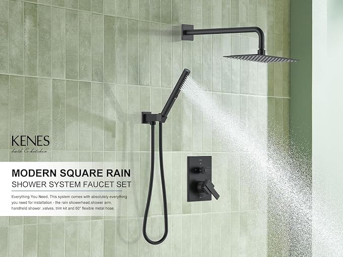KENES Matte Black Rainfall Bathroom Shower System Rain Shower Head and Handle - Image 2