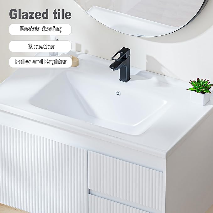 Floating Bathroom Vanity with Sink, 32 Inch Wall Mounted Bathroom Vanity with 2 - Image 3