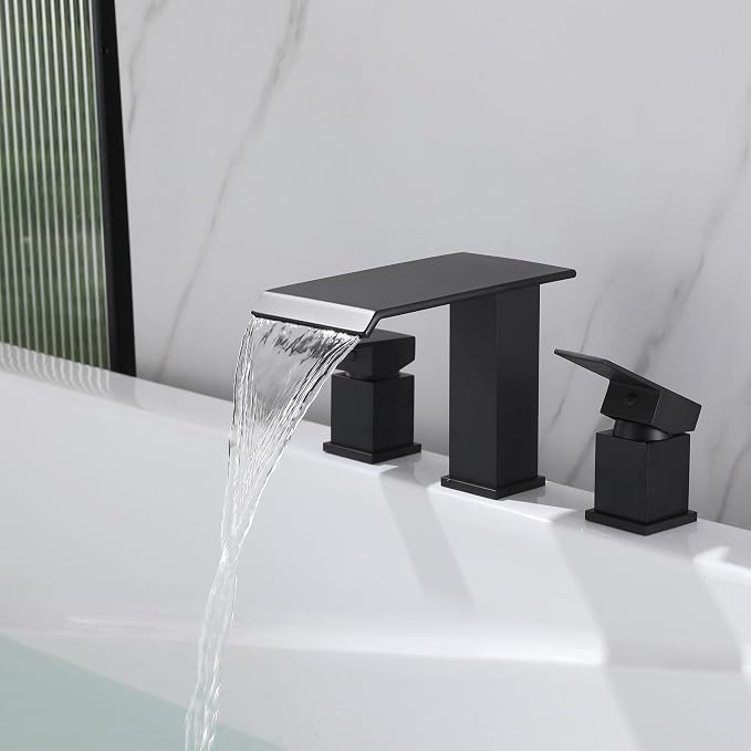 Roman Tub Faucet Two Handle Waterfall Spout Matte Black 3 Hole Bathtub Faucet - Image 7