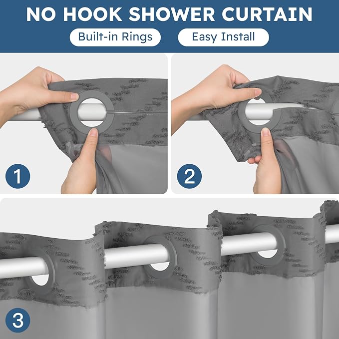 No Hook Shower Curtain and Snap in Liner Set Grey Tufted Chevron Striped Cloth - Image 2