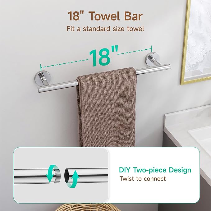 USHOWER Polished Chrome Bathroom Accessories Set, 18-Inch Towel Bar Set Wall - Image 2