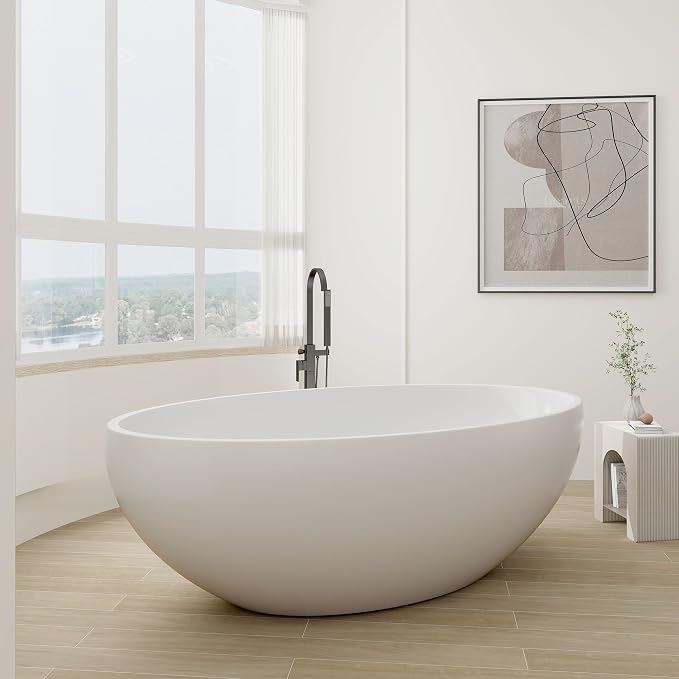 SJ STAR&JANE 67" x 39" Matte White Solid Surface Freestanding Bathtub, Oval - Image 2