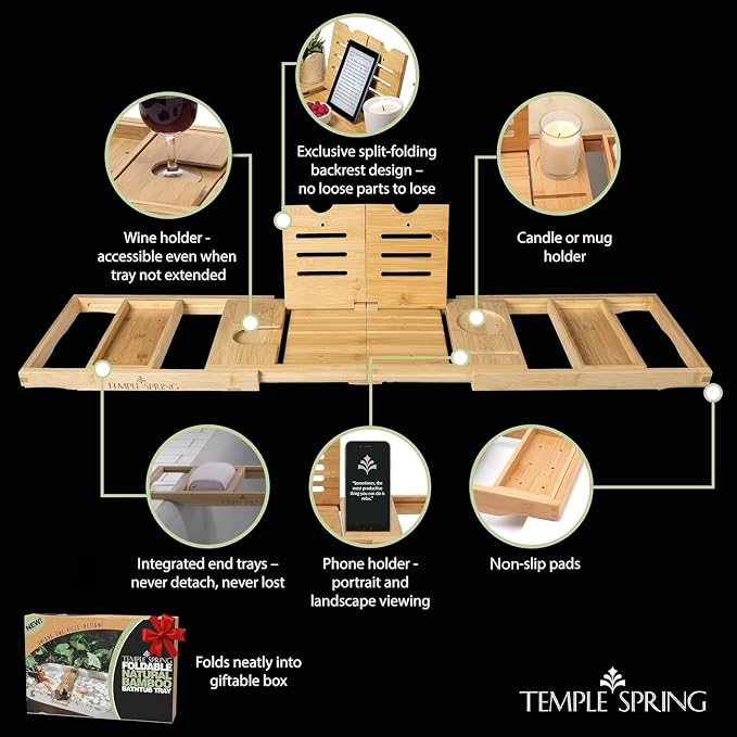 Temple Spring Foldable Bathtub Tray, Unique Design Selfcare Bathroom Caddy - Image 5