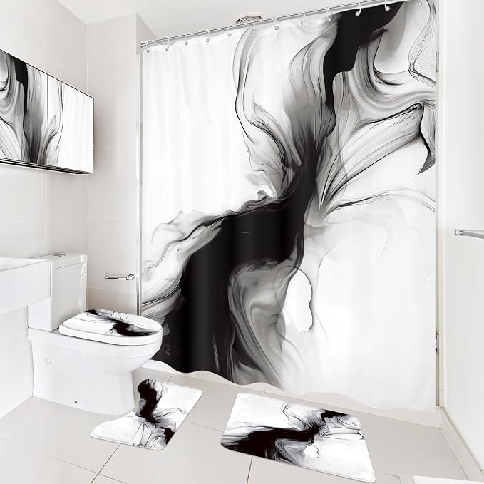 Cinbloo 4Pcs Black White Shower Curtain Set, Abstract Modern Ombre Grey - Image 3