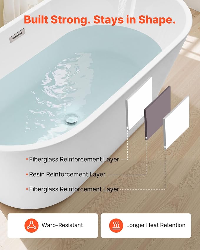 VEVOR Acrylic Freestanding Bathtub, 59 Inch Contemporary Soaking White Tub - Image 5