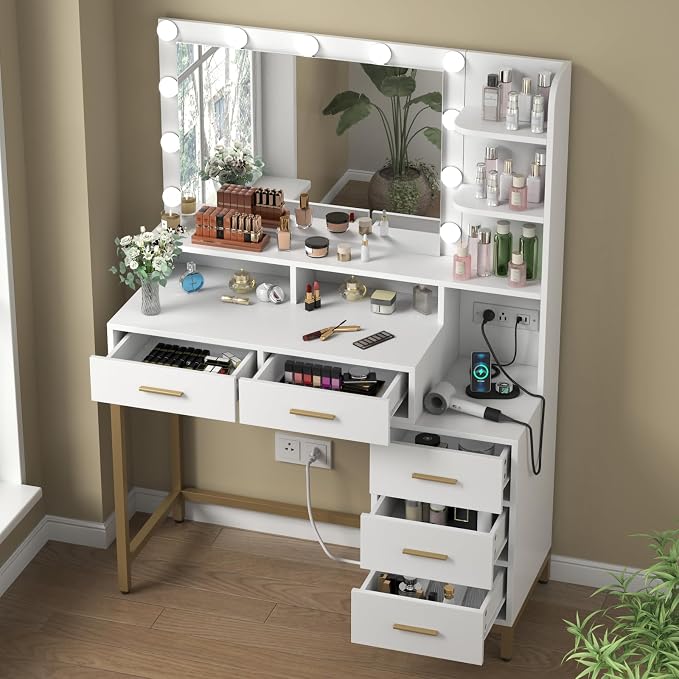 Loomie Large Makeup Table with Lighted Mirror & Power Outlet, Vanity Desk with - Image 4
