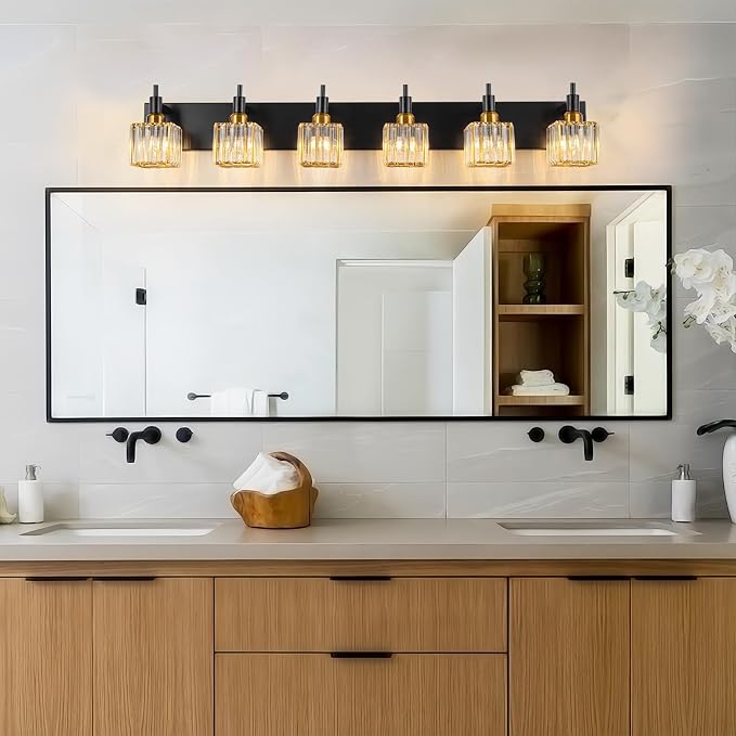 6-Lights Crystal Bathroom Vanity Light Black Gold Modern Bathroom Lighting - Image 2