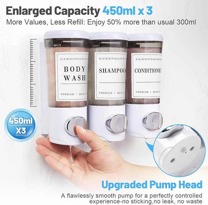 Shampoo and Conditioner Dispenser 450ml * 3, Shower Dispenser 3 Chamber No - Image 3