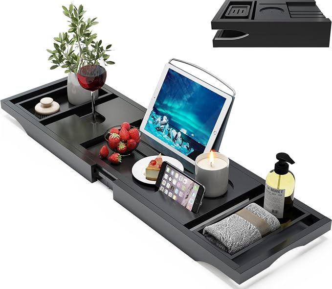 Bamboo Bathtub Caddy Tray Expandable by BAMBUROBA