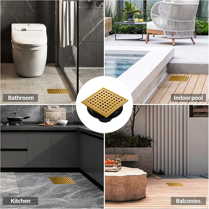 Shower Drain, Brushed Gold 6 inch Shower Floor Square Drain - Image 8