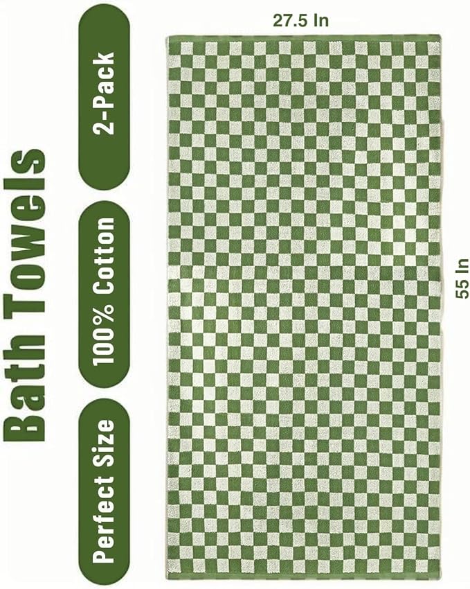 Checkered Bath Sheet, Oversized Bath Towel, 27.5x55 Inches, Quick Dry, 100% - Image 6