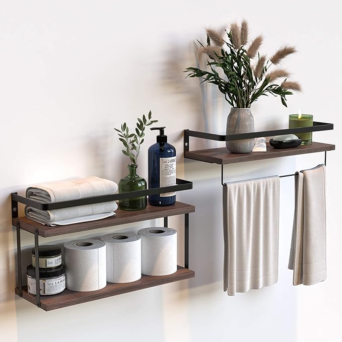 RICHER HOUSE 2+1 Tier Wall Mounted Floating Shelves Set of 2, Rustic Wood Shelf by RicherHouse