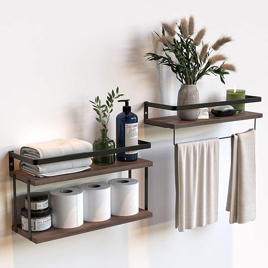 RICHER HOUSE 2+1 Tier Wall Mounted Floating Shelves Set of 2, Rustic Wood Shelf by RicherHouse