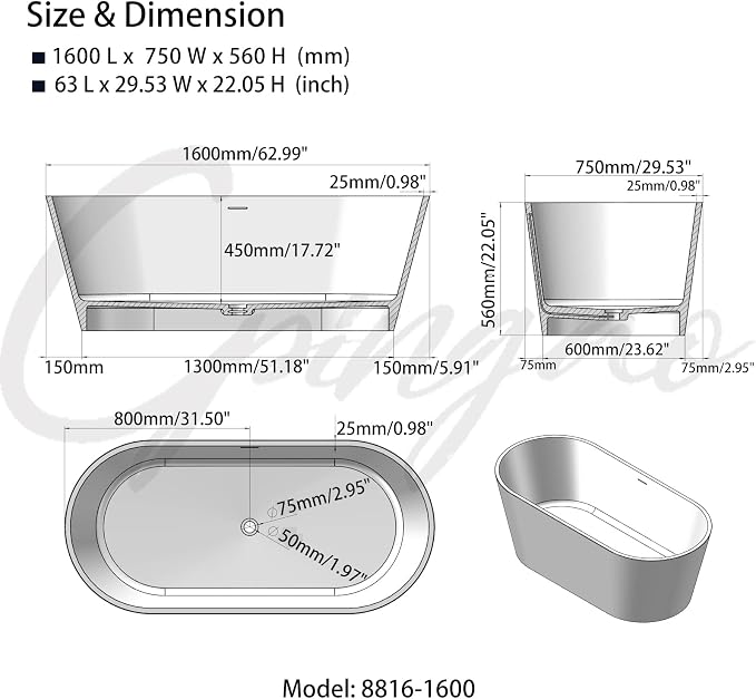 Cpingao 63" Stone Resin Freestanding Bathtub, Modern Oval Solid Surface Soaking - Image 5
