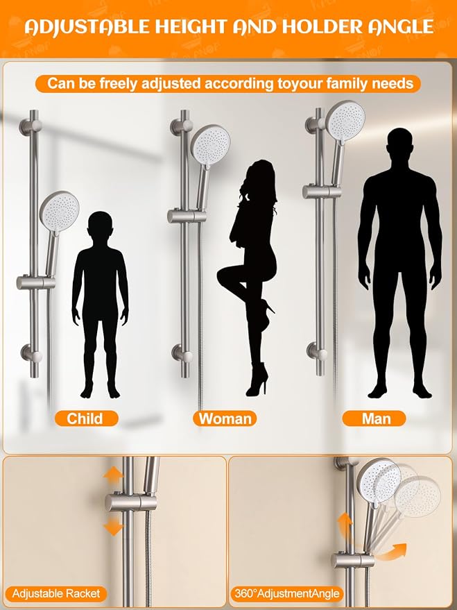 Handheld Shower Head with Slide Bar, 2.5GPM High Pressure 3-Function Adjustable - Image 7
