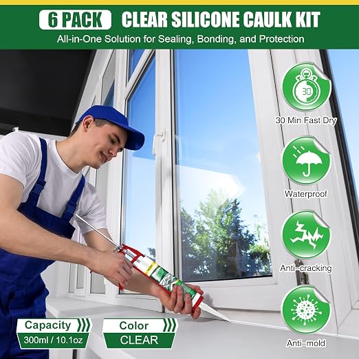 6 Pack Clear Silicone Sealant Caulk, 10.1 oz 100% Waterproof Silicone Sealant - Image 2