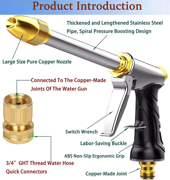 Upgrade Garden Hose Nozzle, 100% Heavy Duty Metal Spray Gun - Image 7