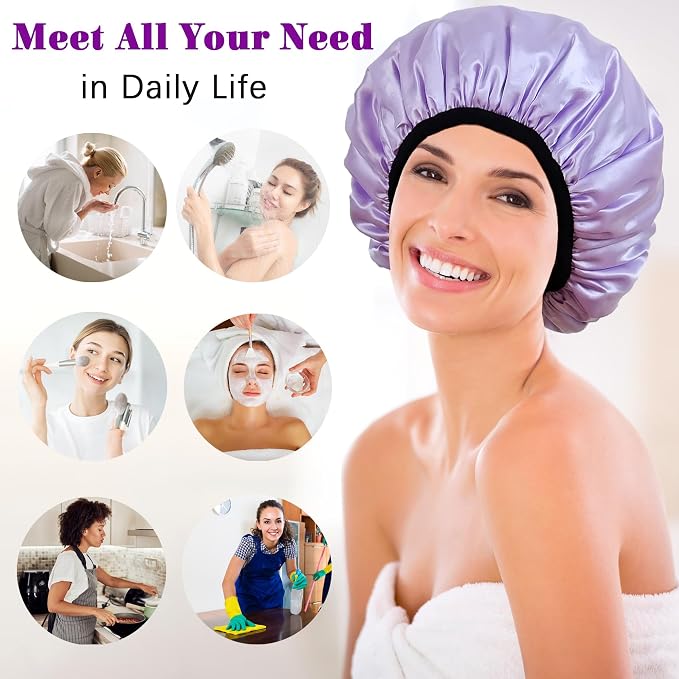 Shower Cap Reusable Waterproof, Terry Lined Shower Caps - Image 6