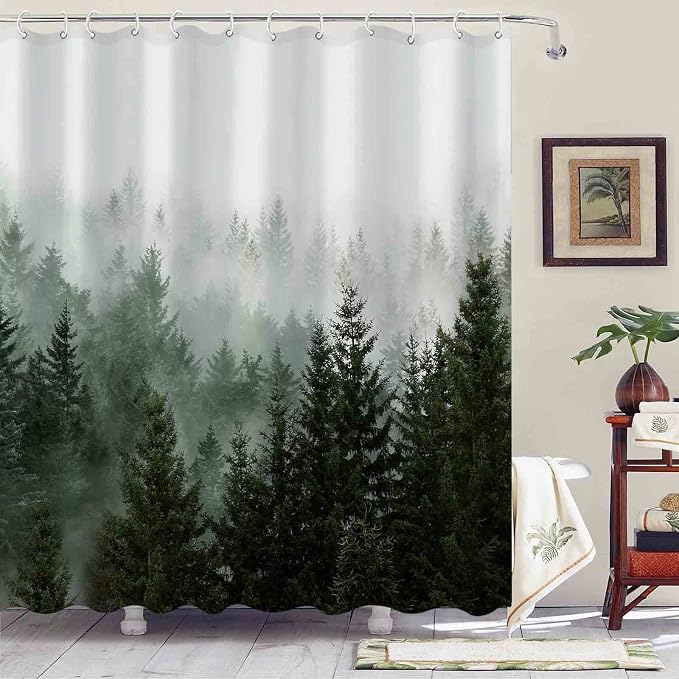 Aipon Green Misty Forest Shower Curtain Nature Tree Shower Curtain Set Dark - Image 2