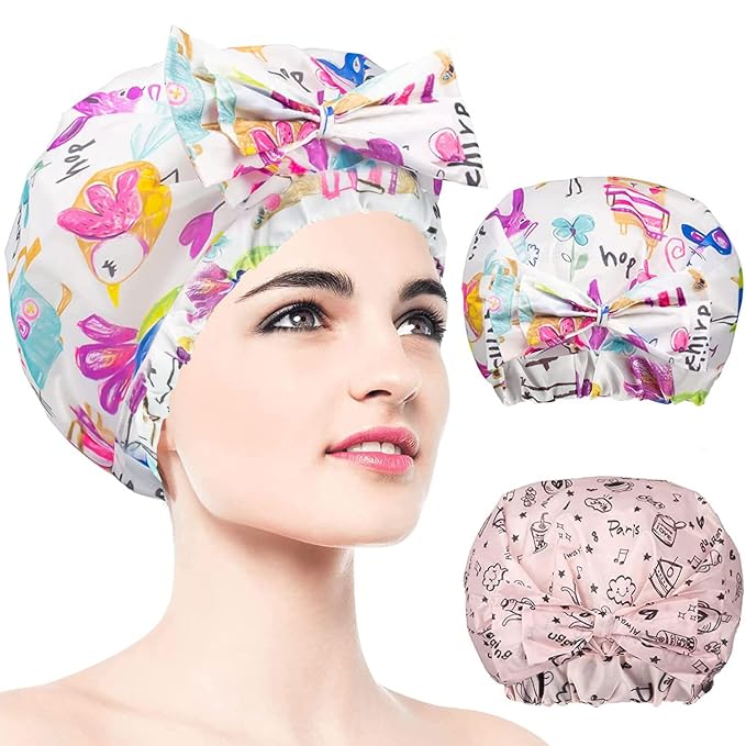 2 PCS Shower Caps, Reusable & Extra Large & Adjustable & Double Layer by WINSTECK