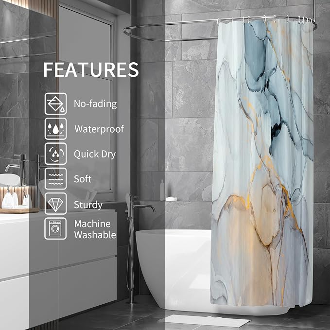 Gibelle Extra Long Shower Curtain 72 x 84, Tall Abstract Grey Blue Marble - Image 2