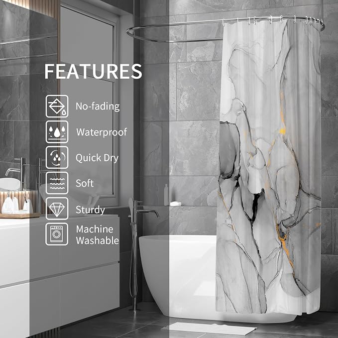 Gibelle Grey Marble Shower Curtain Set, Abstract Silver Gold Stripes Fabric - Image 2
