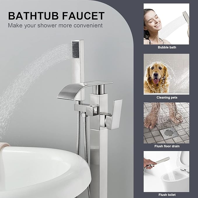 Senlesen Stainless Steel Bathroom Free Standing Tub Filler Faucet Brushed - Image 3