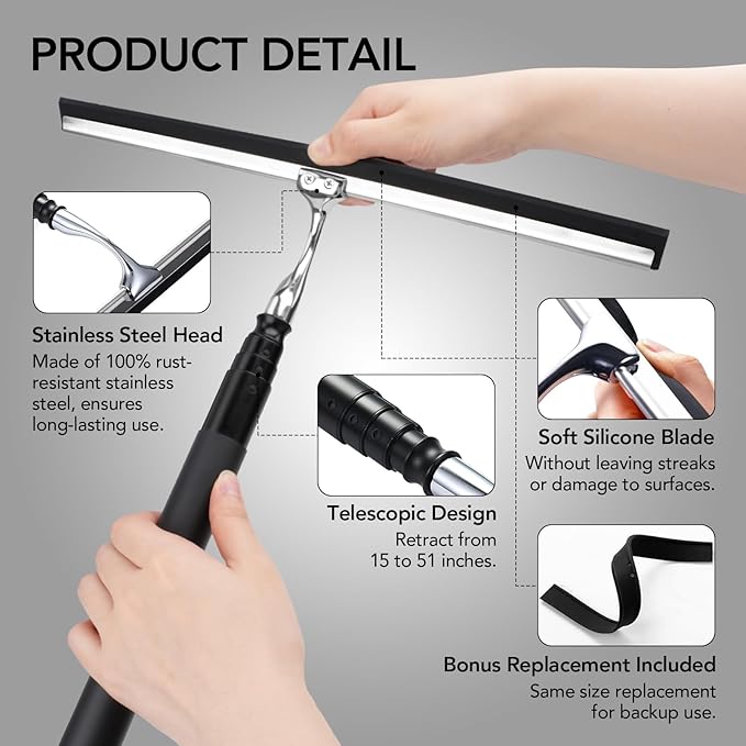 Shower Squeegee with Long Handle, 15-51" Telescopic Squeegee - Image 6