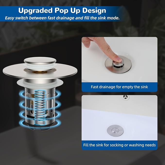 Hibbent 2 Pack Upgraded 3 in 1 Bathroom Sink Drain Strainer, Universal Pop Up - Image 6