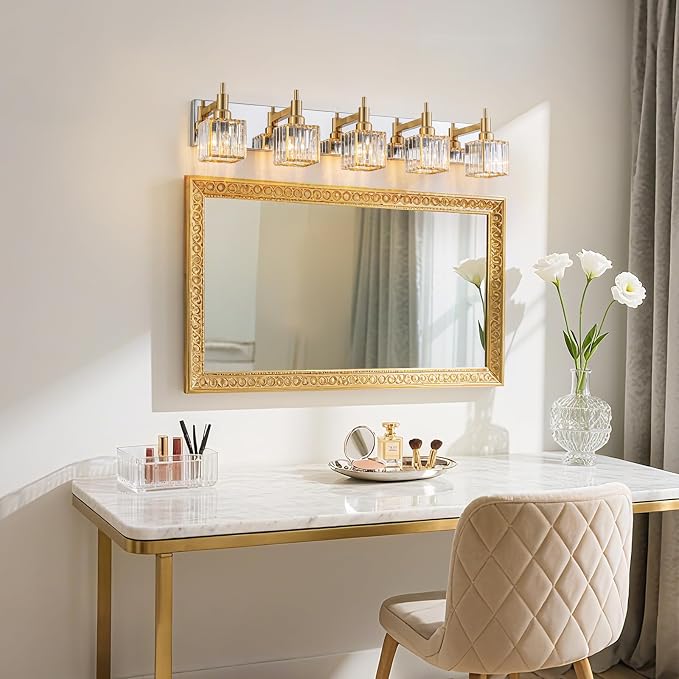 Crystal Bathroom Light Gold Chrome 5-Light Modern Bathroom Vanity Fixtures Over - Image 7