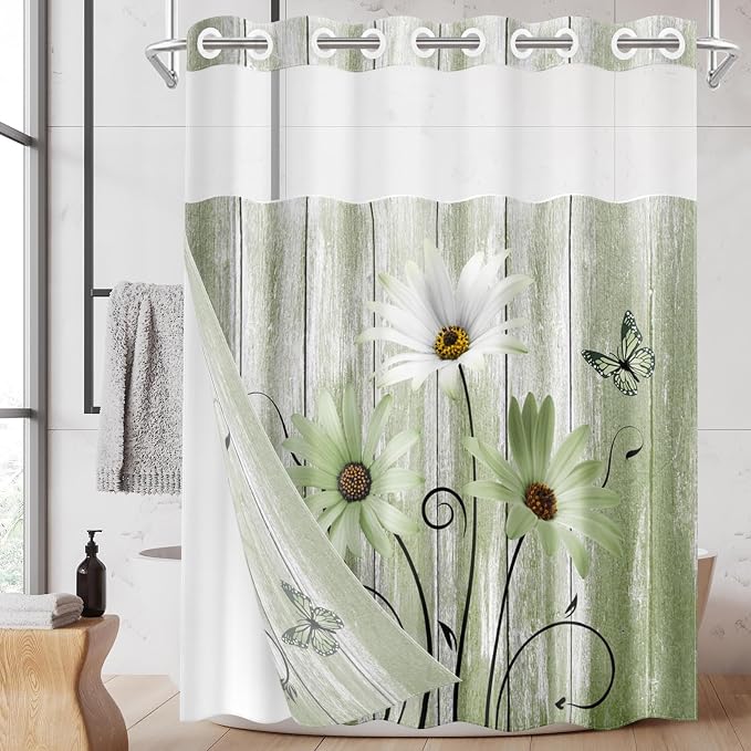 No Hook Daisy and Butterfly Shower Curtain by Nesphy