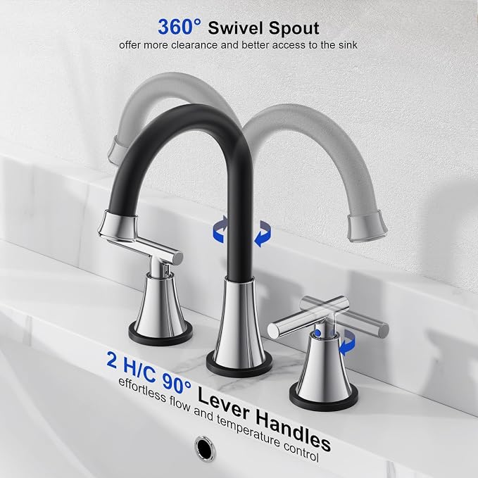 Bathroom Faucets for Sink 3 Hole, Hurran Black& Chrome Bathroom Sink Faucet - Image 3
