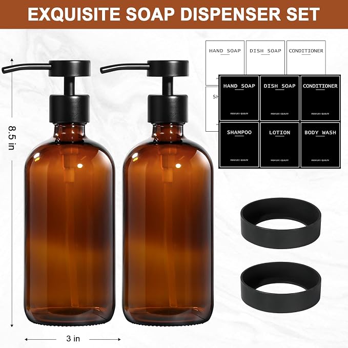 Amber Glass Soap Dispenser 2 Pack, Hand Soap Dispenser Bathroom - Image 2