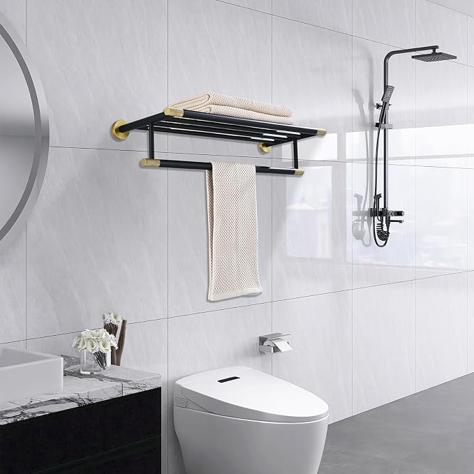 Black Brushed Gold Towel Rack 24'' Bath Towel Shelf - Image 6