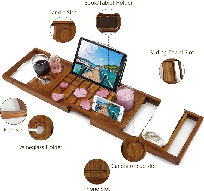 Utoplike Teak Bathtub Caddy Tray Bath Tray - Image 4