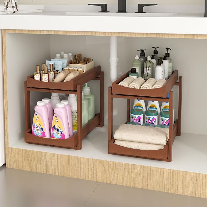 Bamboo Under Sink Organizer and Storage, 2 Pack Pull Out Cabinet Organization by MHXWSXPN