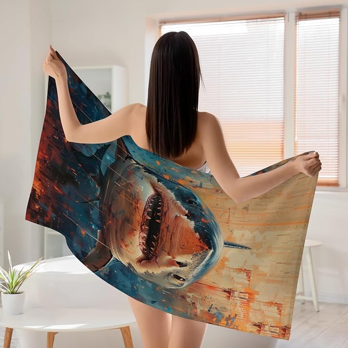 WZOMT Shark Beach Towel, Microfiber Shark Fishing Towel, Retro Ocean Fish Blue - Image 6