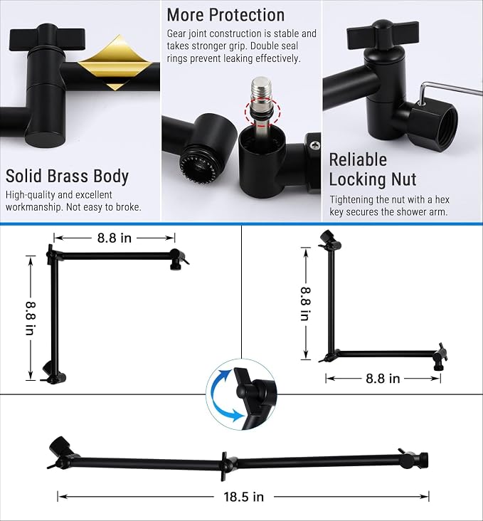 G-Promise 18 Inch Shower Head Extension Arm, Solid Brass Height & Angle - Image 4