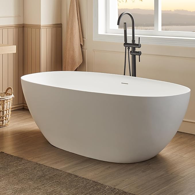 Cpingao 59" Stone Resin Freestanding Bathtub, Elegant Oval Shape Soaking Tub - Image 9