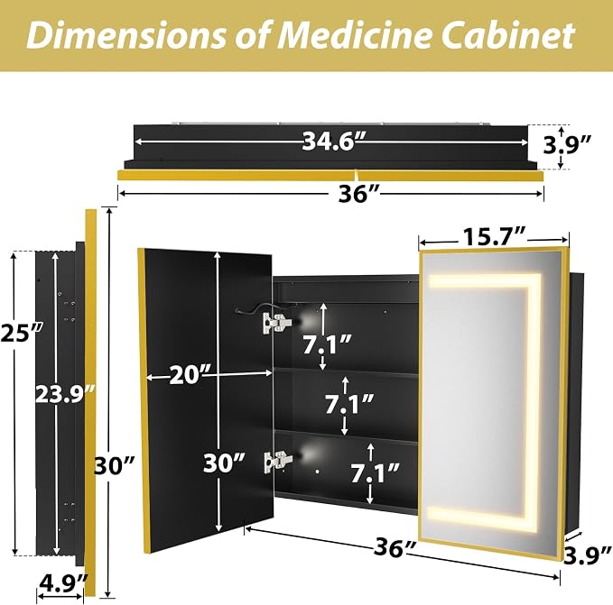 APRILSOUL 36X30 Inch Gold Bathroom Medicine Cabinet - Image 4