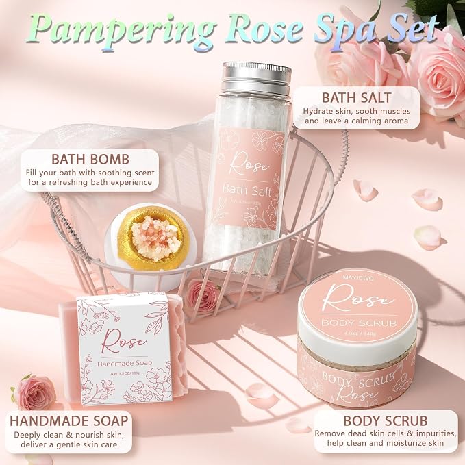 Spa Gifts for Women Bath Gift Set, Rose Relaxing Spa Gift Baskets Home Bath Set - Image 5