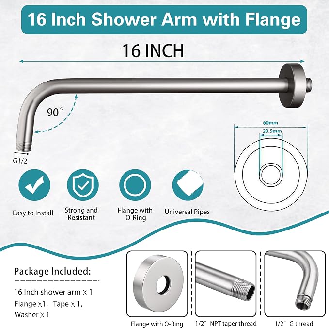 16 Inch Shower Arm with Flange, Stainless Steel 90 Degree Rain Shower Head - Image 2