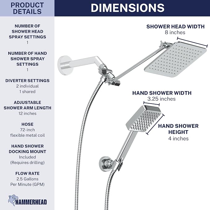 HammerHead® Solid Metal Dual Shower Head Combo — 8" Square Rain Shower Head - Image 7